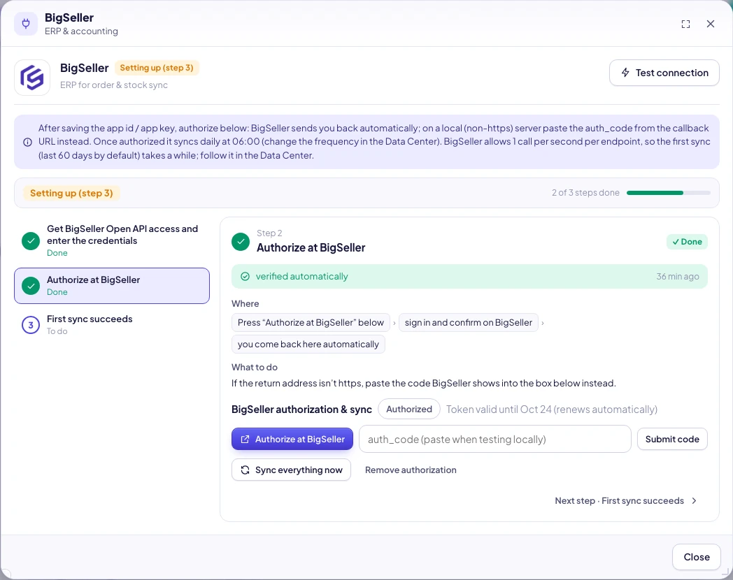 BigSeller authorization & sync: Authorized, token valid until, Sync everything now