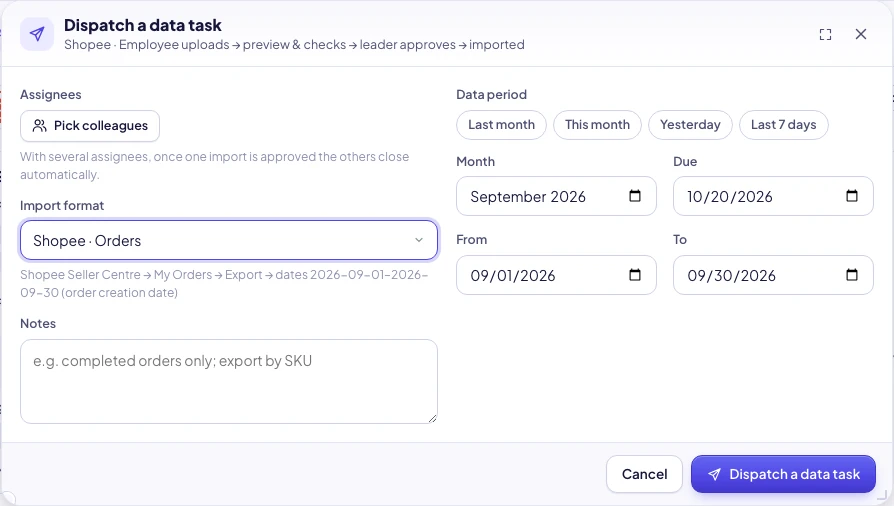 Dispatch a data task window