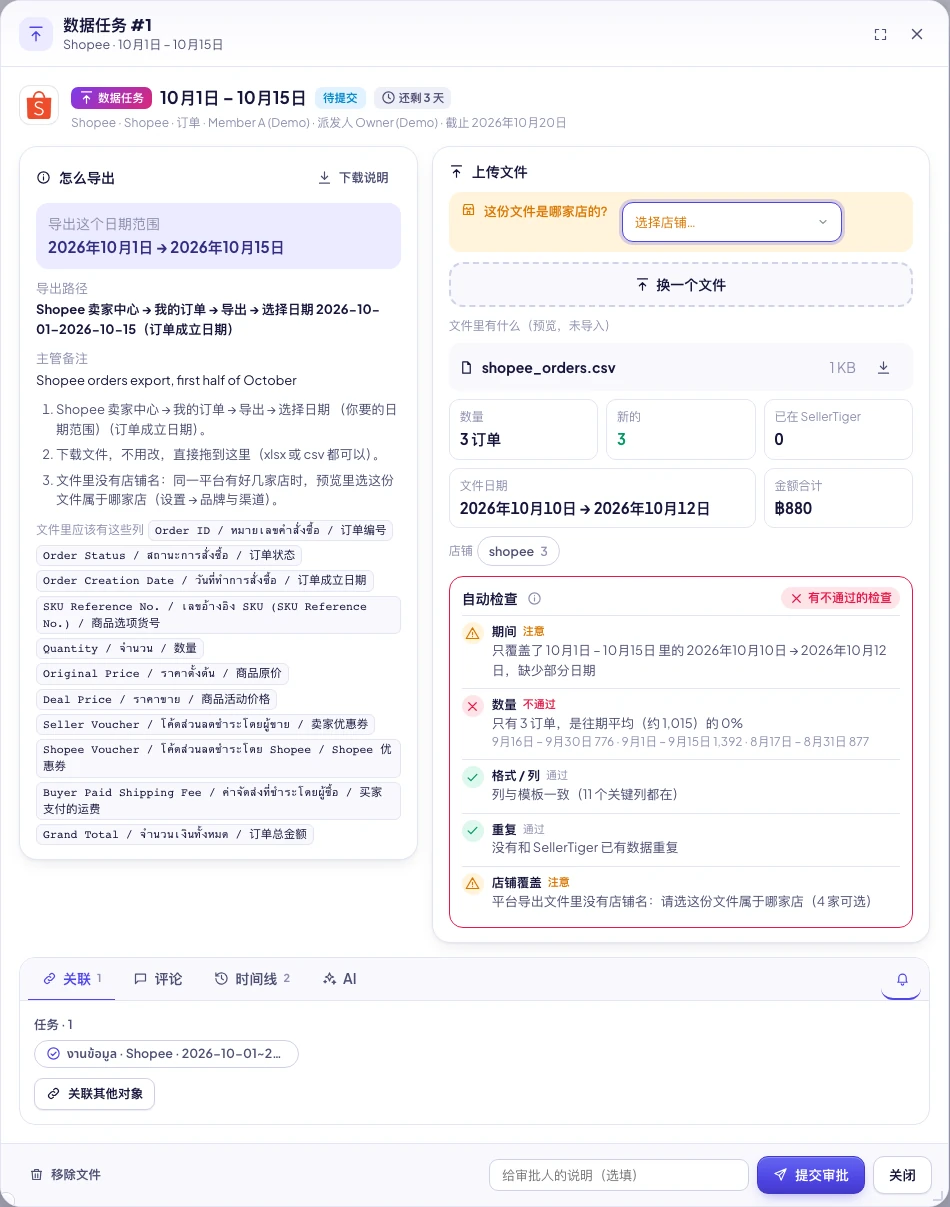 数据任务窗口:左边是怎么导出,右边是上传和检查结果