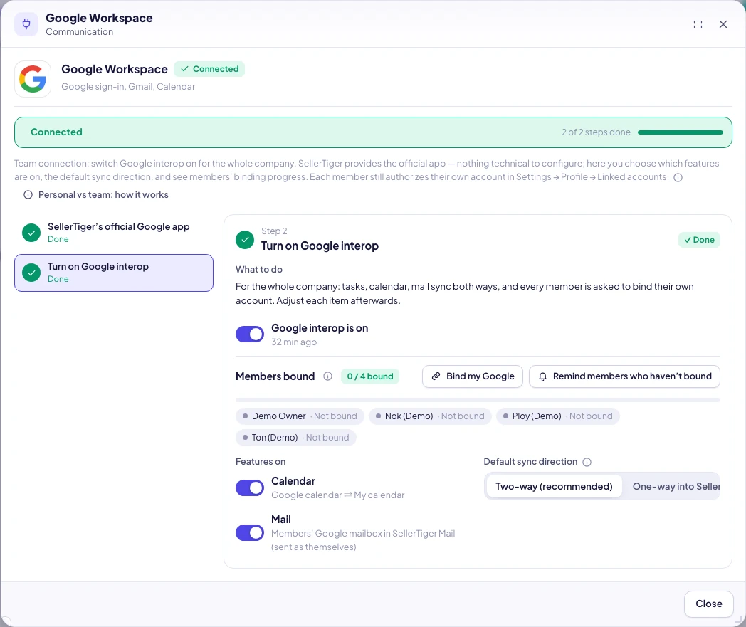 SellerTiger: one-click turn-on in the Google Workspace window