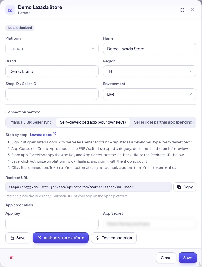 SellerTiger shop window: Lazada app credentials and redirect URL