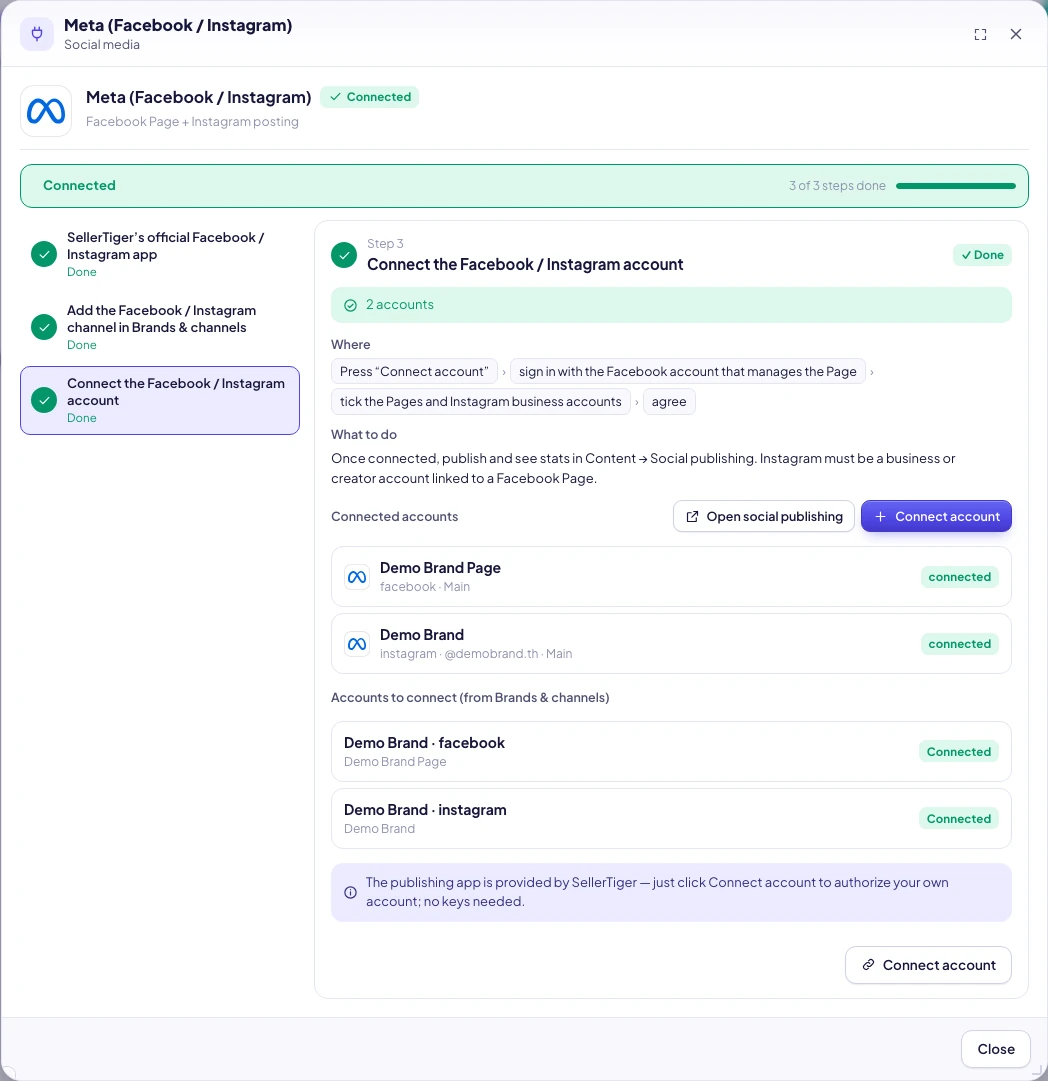 SellerTiger: connected accounts in the Meta window