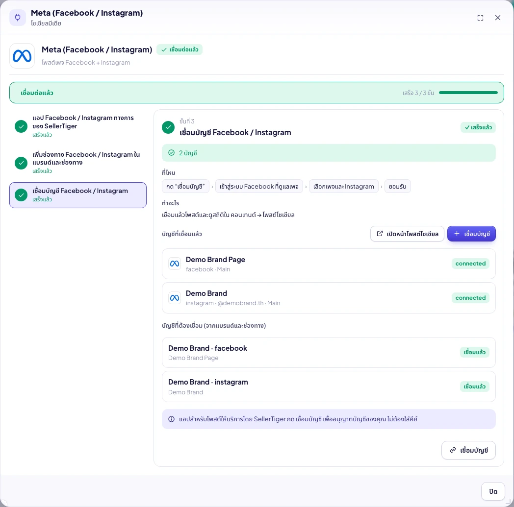SellerTiger: บัญชีที่เชื่อมแล้วในหน้าต่าง Meta