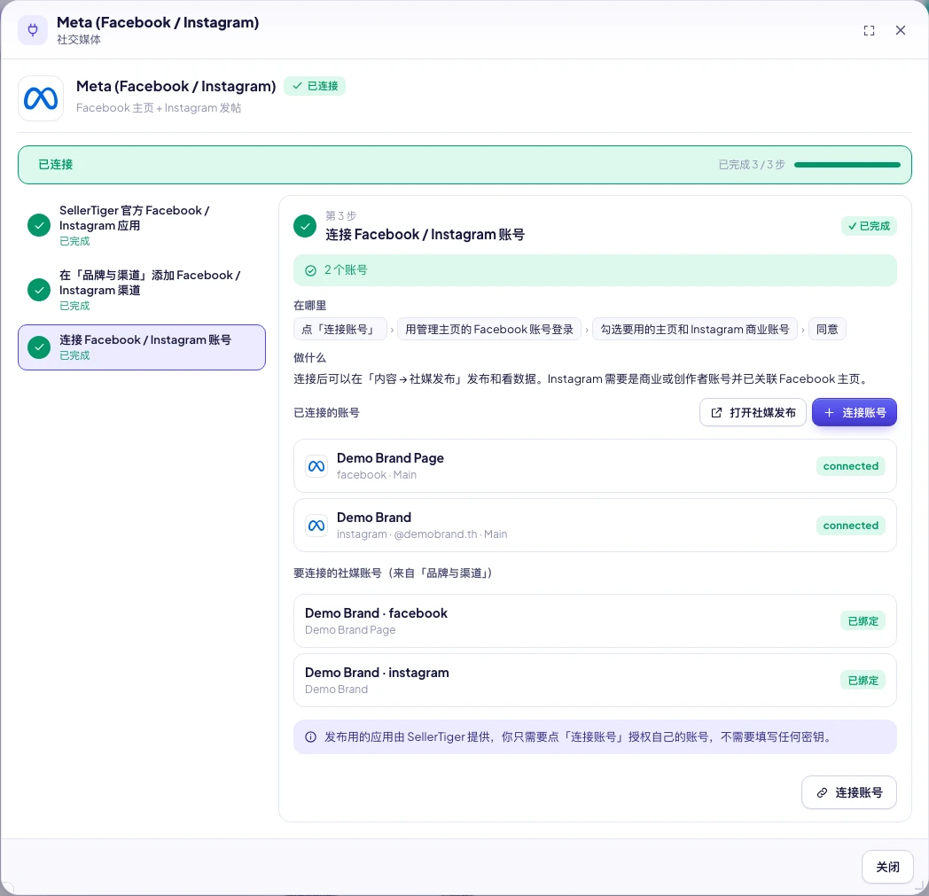 SellerTiger:Meta 窗口里已连接的账号