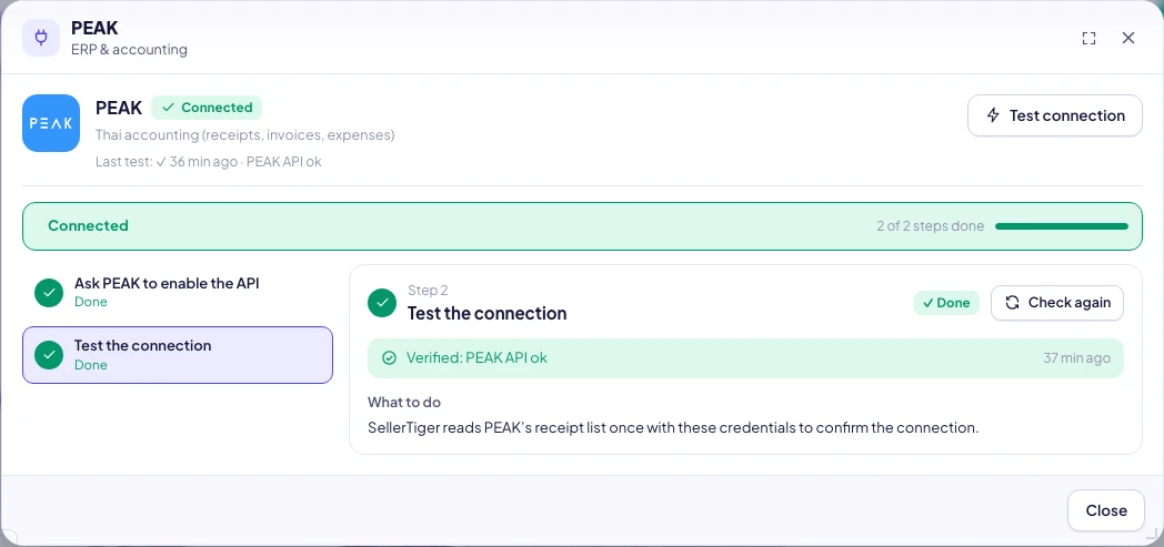 SellerTiger PEAK window: the three key fields and the test result