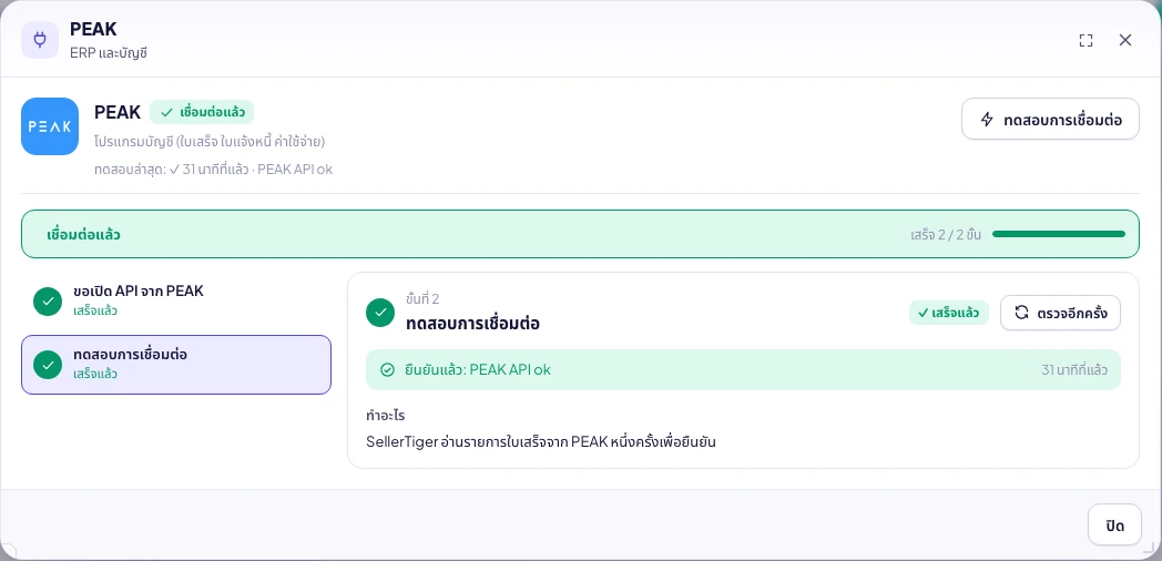 หน้าต่าง PEAK ใน SellerTiger: คีย์สามช่องและผลทดสอบ