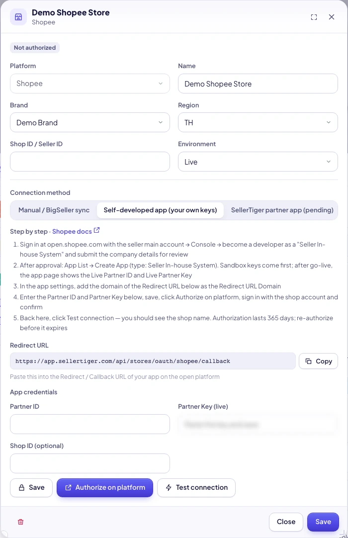 SellerTiger shop window: connection method, app credentials and redirect URL
