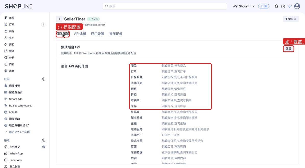 Shopline admin: Permissions → Integrate Admin API "Configure" → tick Orders / Products / Inventory