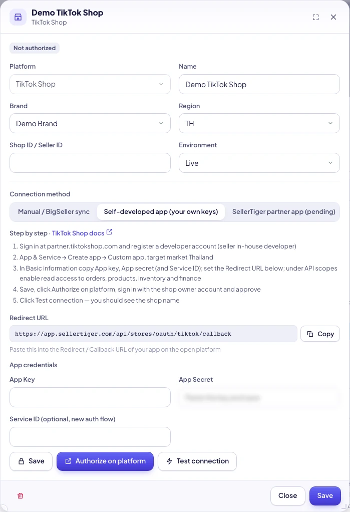 SellerTiger shop window: TikTok Shop app credentials and redirect URL