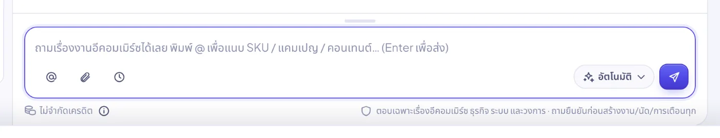 ช่องพิมพ์: @ เพื่อแนบรายการ เลือกโมเดล (อัตโนมัติ เร็ว ลึก) แนบไฟล์ข้อความ ปุ่มตั้งเวลา และประมาณเครดิตก่อนส่ง