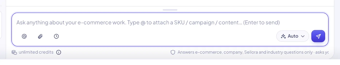 The composer: @ to attach an object, model choice (auto, fast, deep), text files, a schedule button and a credit estimate before you send.