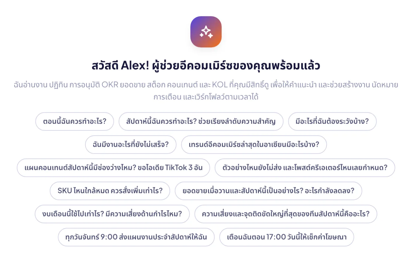 เริ่มจากคำถามแนะนำ: ตอนนี้ควรทำอะไร ยอดขายสัปดาห์นี้ SKU ที่ใกล้หมด ช่องว่างคอนเทนต์ ความเสี่ยงของทีม