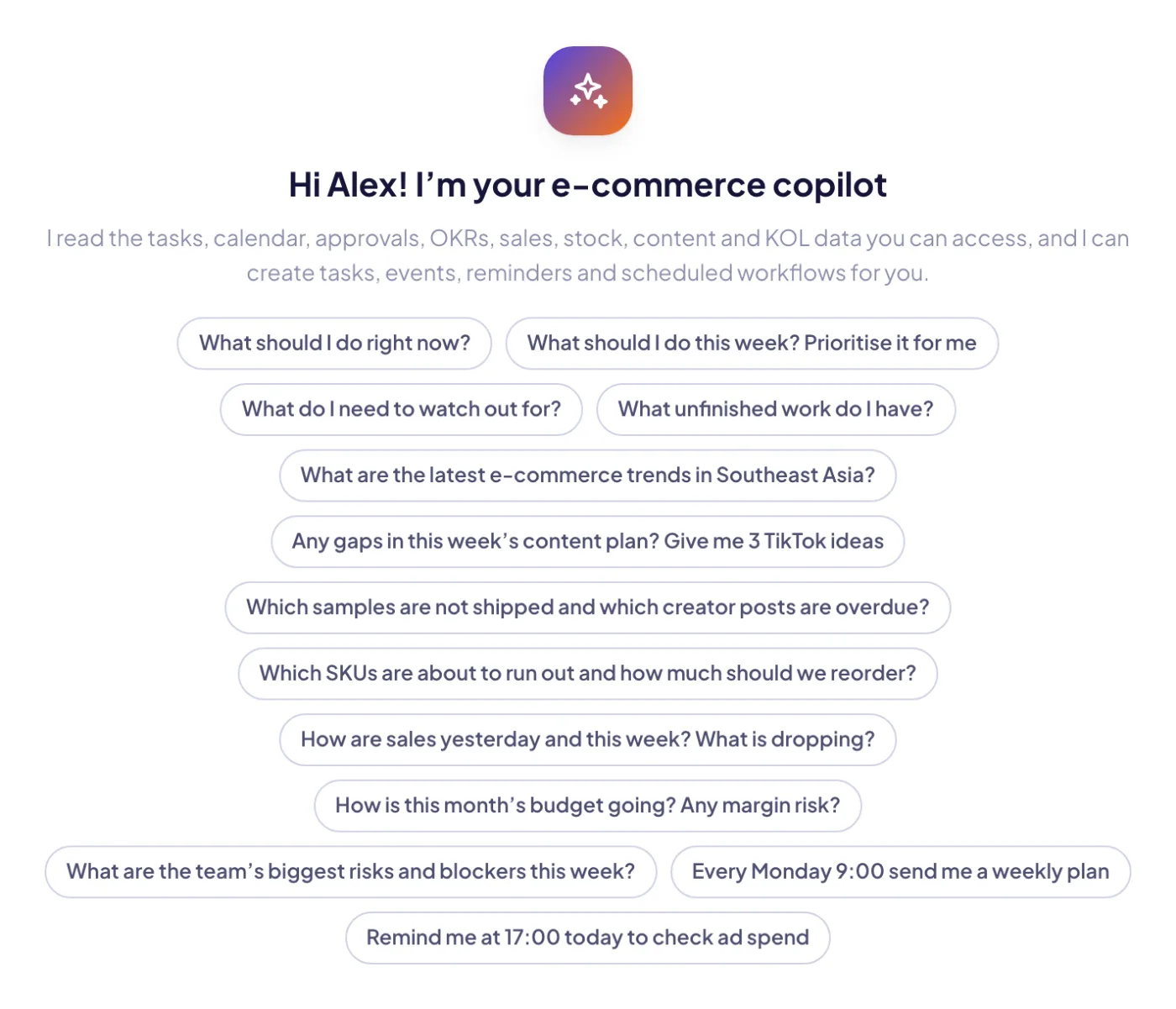Start from a suggested question: what to do now, sales this week, SKUs about to run out, content gaps, team risks.