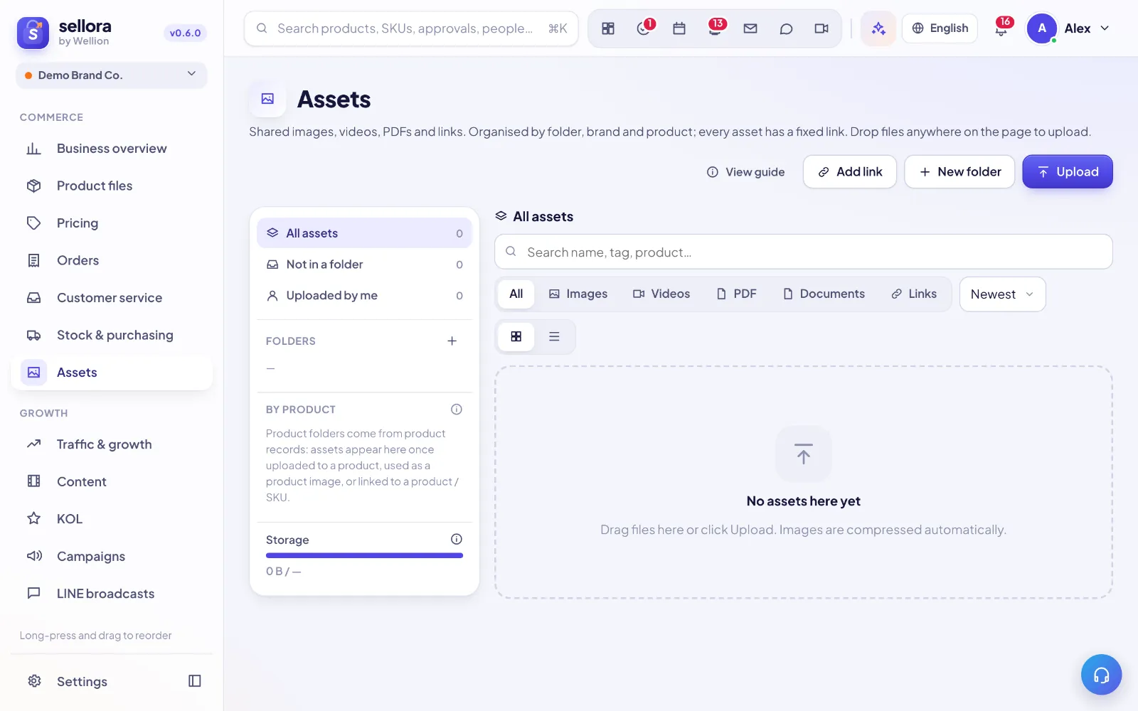 Asset library — images, videos, files and links