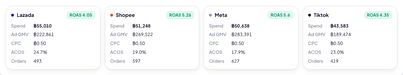 Ads by platform: spend, ad GMV and ROAS per marketplace, from imported ad reports.