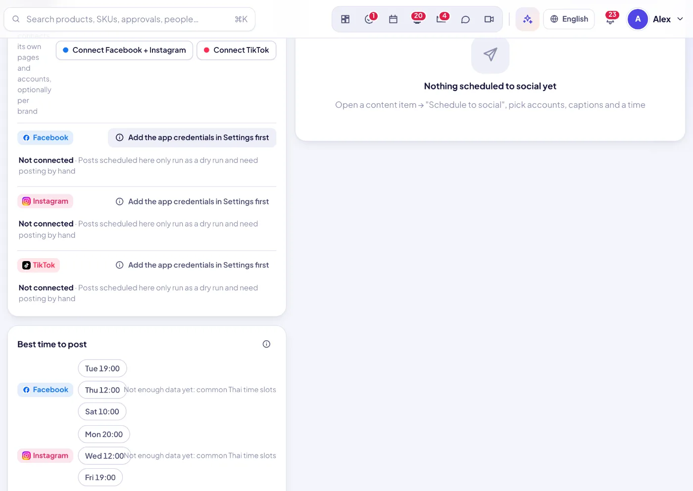 Social auto-publishing: connected accounts, best time to post from your own results, and the posting queue.