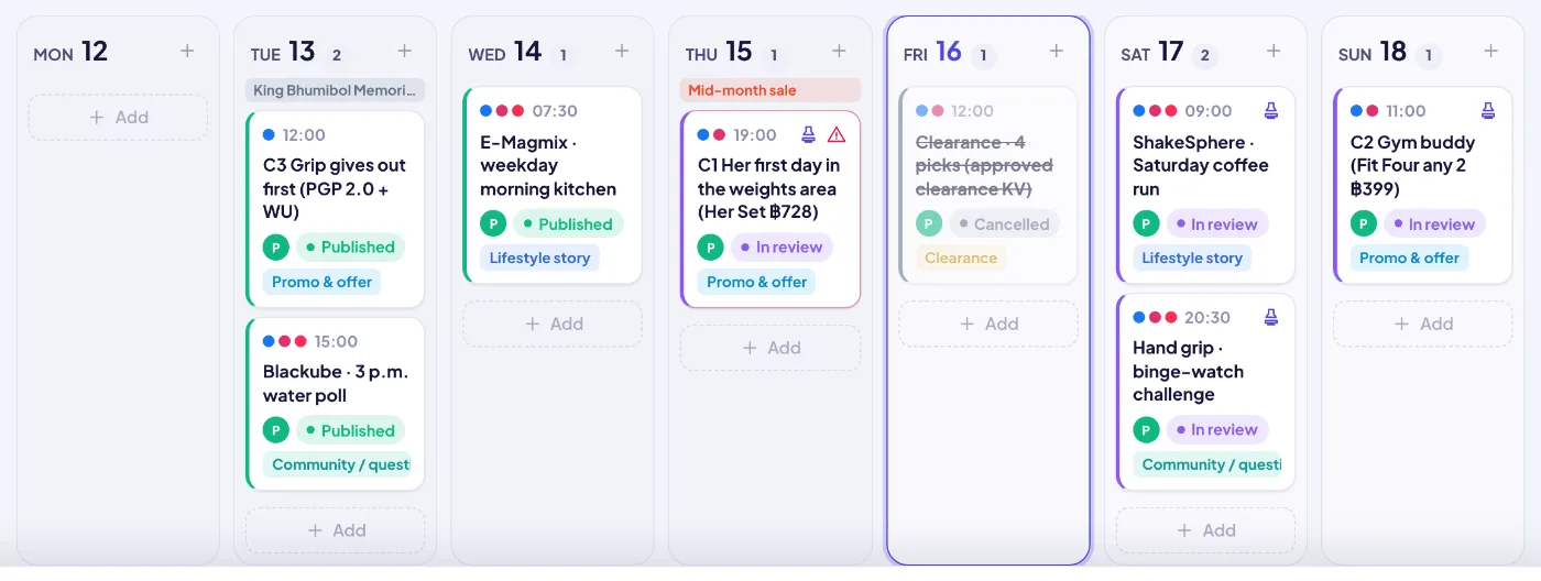 Week calendar: what goes out each day on which platform, drag to reschedule.