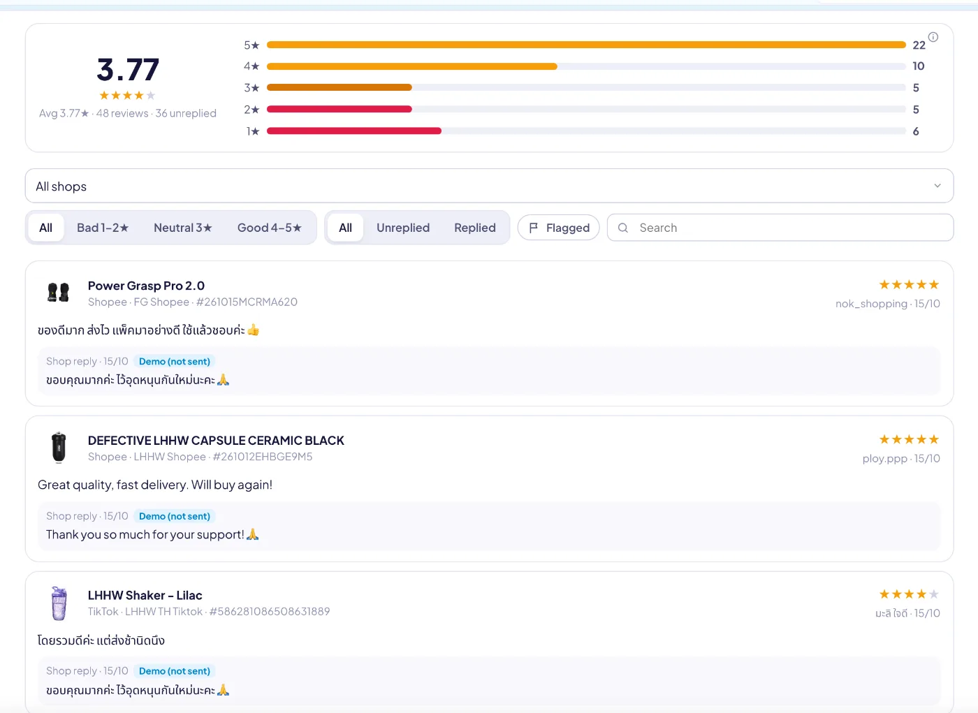 Reviews by star rating with AI-drafted public replies and “flag → task” for bad ones.