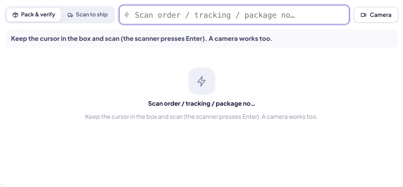 Scan station: scan the order, scan every item, print label + slip, then scan parcels into a courier handover.