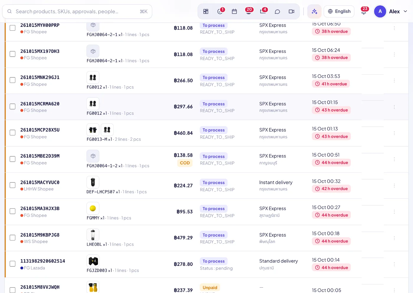 Every channel in one list, with source badge, stock check, KOL mark and overdue badge on each order.