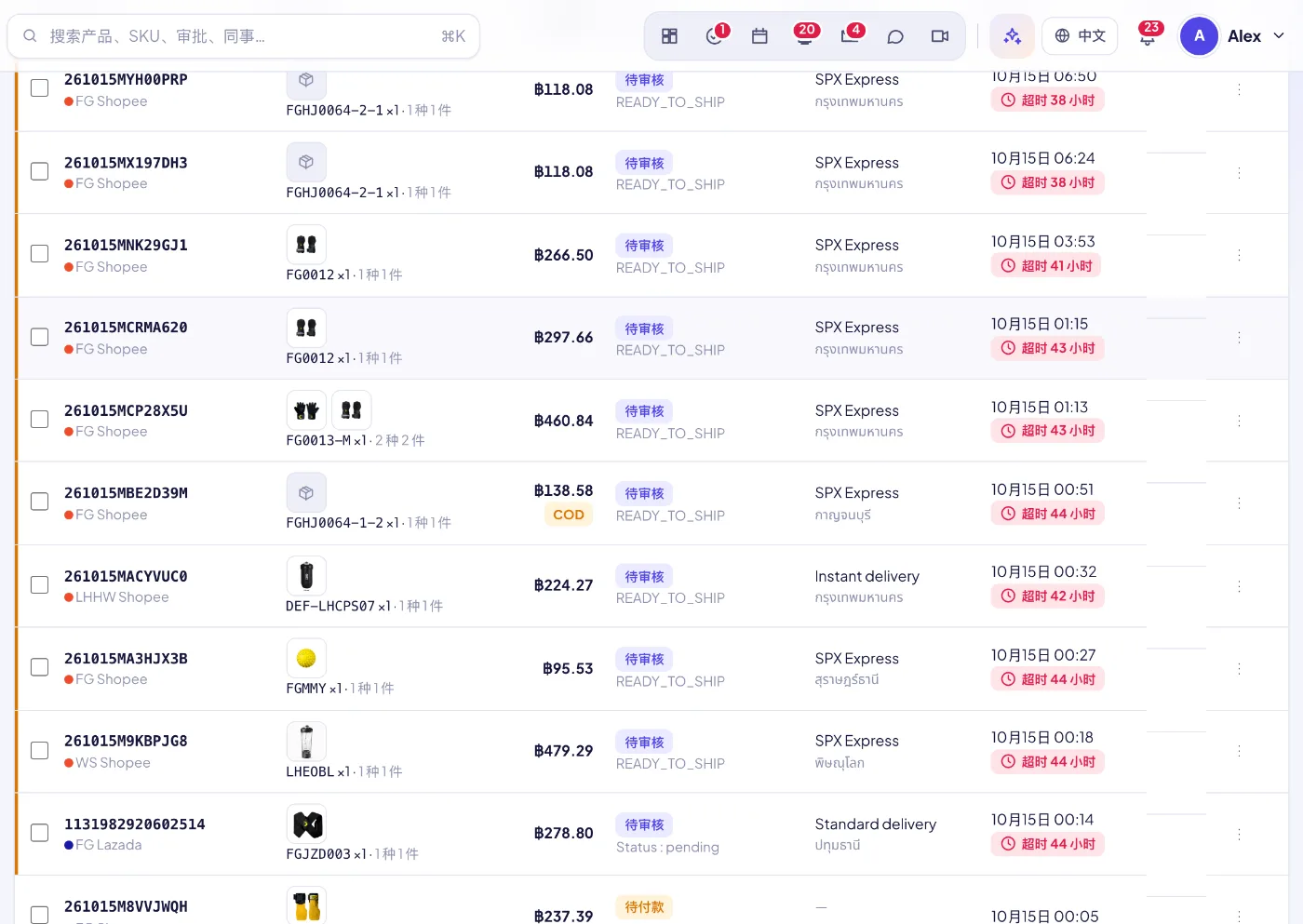 所有渠道的订单一张表：来源标识、库存检查、KOL 标记、超时提醒一目了然。