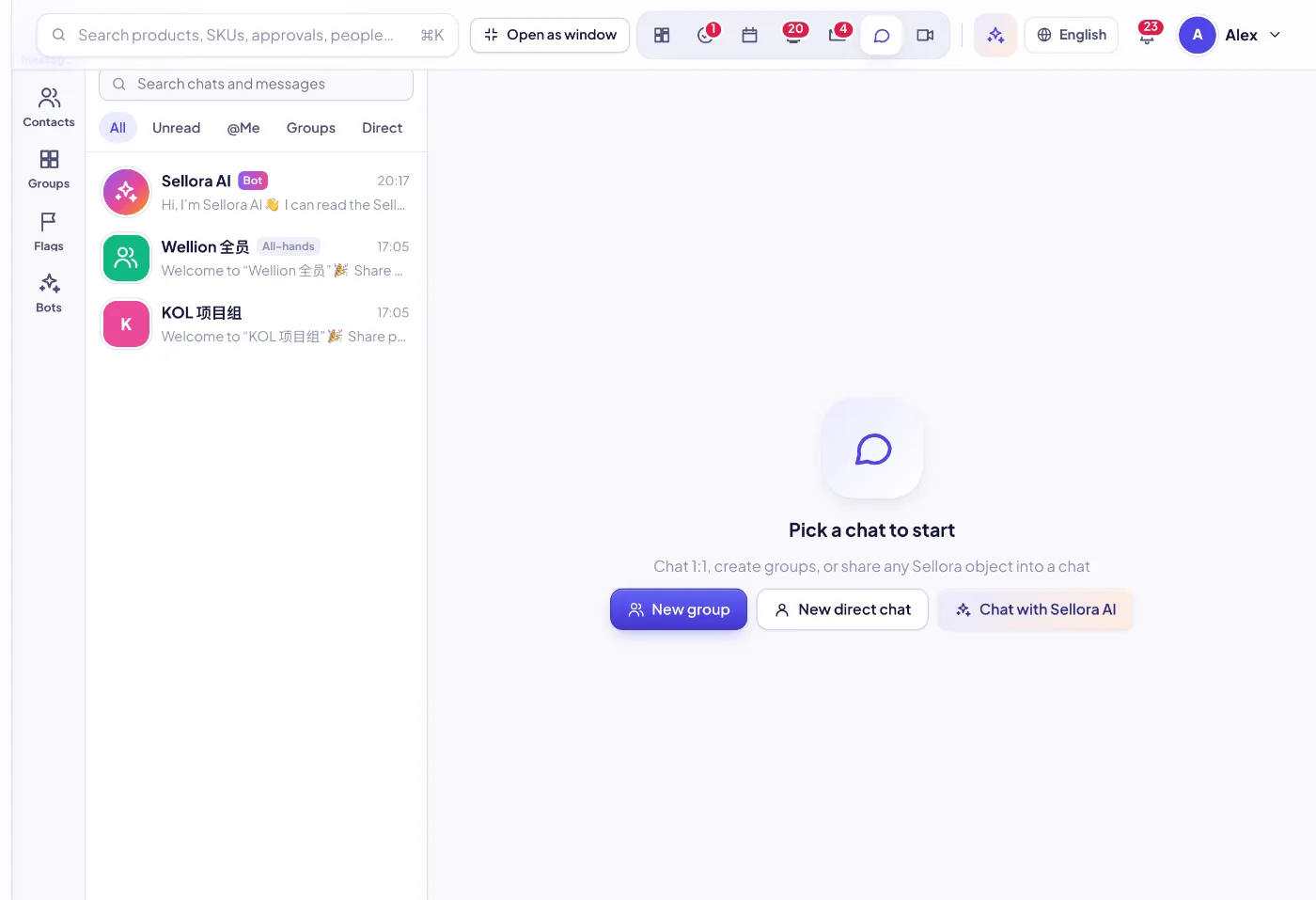 Team chat with groups, channels, threads and SellerTiger objects shared right into the conversation.